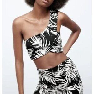 Zara NWT One Shoulder Palm Print Jacquard Cross Over Crop Top Small